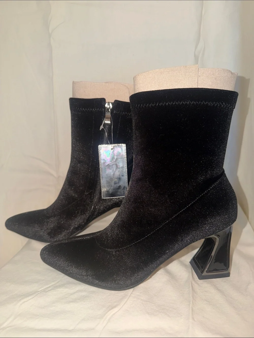 Black Velvet Pointed Ankle Booties - Women